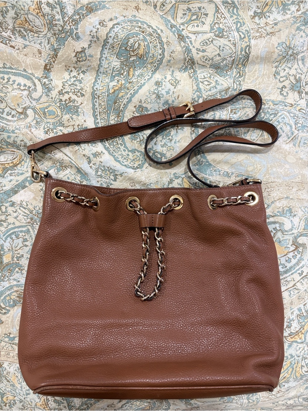Michael Kors Fulton Slouchy Pebbled Leather Chain Shoulder Bag Tan